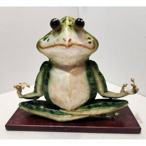 Metal Yoga Meditation Frog Decor on Wooden Base 7.5" Tall by 10" Long